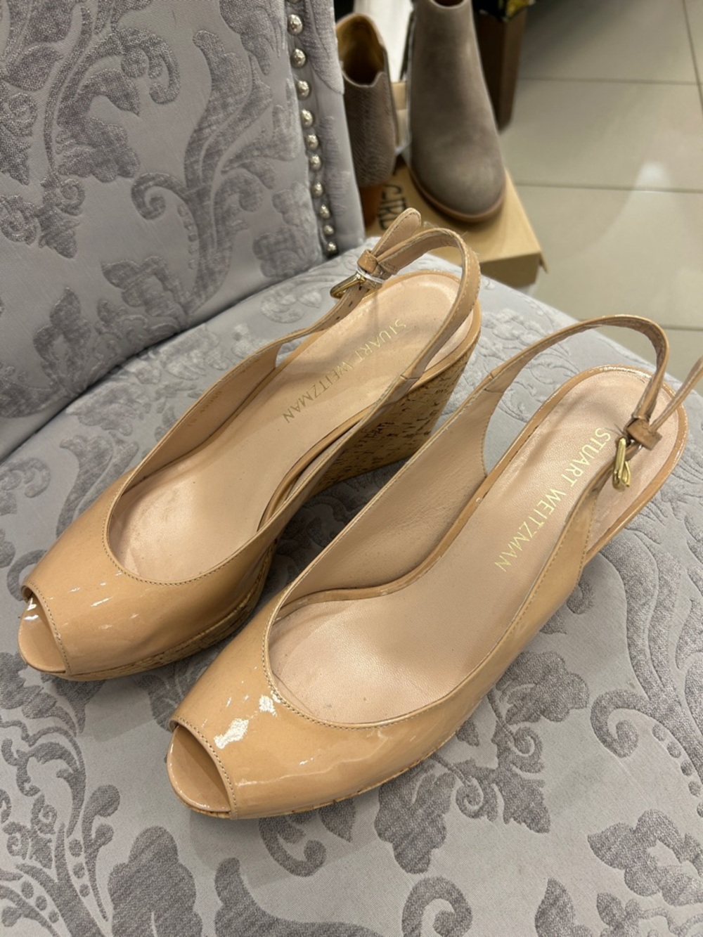 Stuart Weitzman Patent Nude Peep-Toe Cork Wedge Slingbacks
